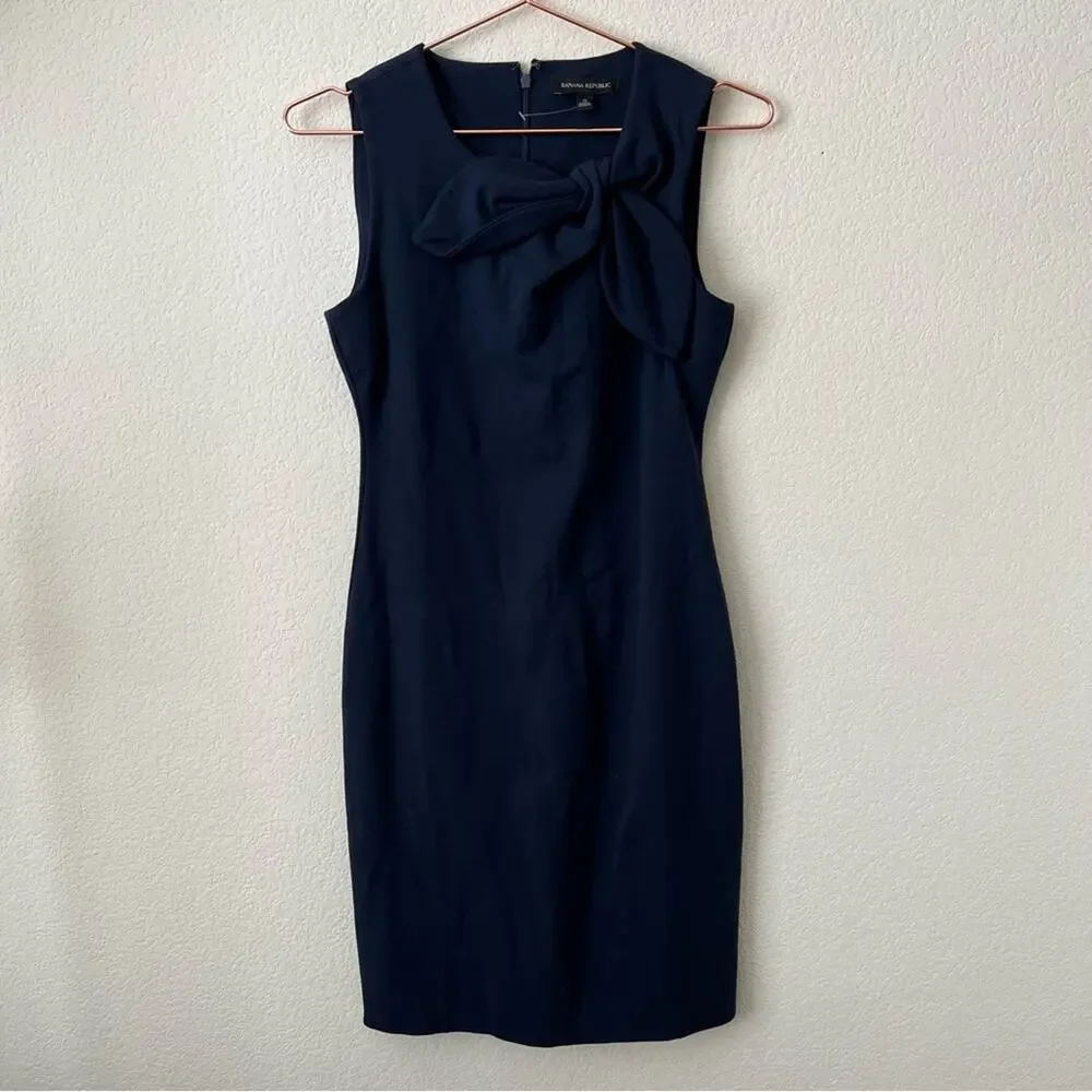 Banana Republic Neck Bow Ponte Sheath Dress Navy Blue